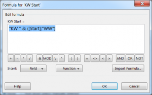 Abb. 5: Einfügen der Formel für "KW Start" im Textfeld TEXT1